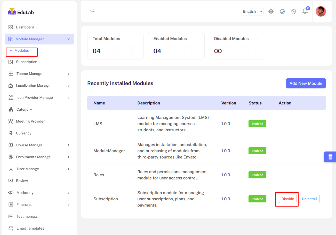 Disable Subscription