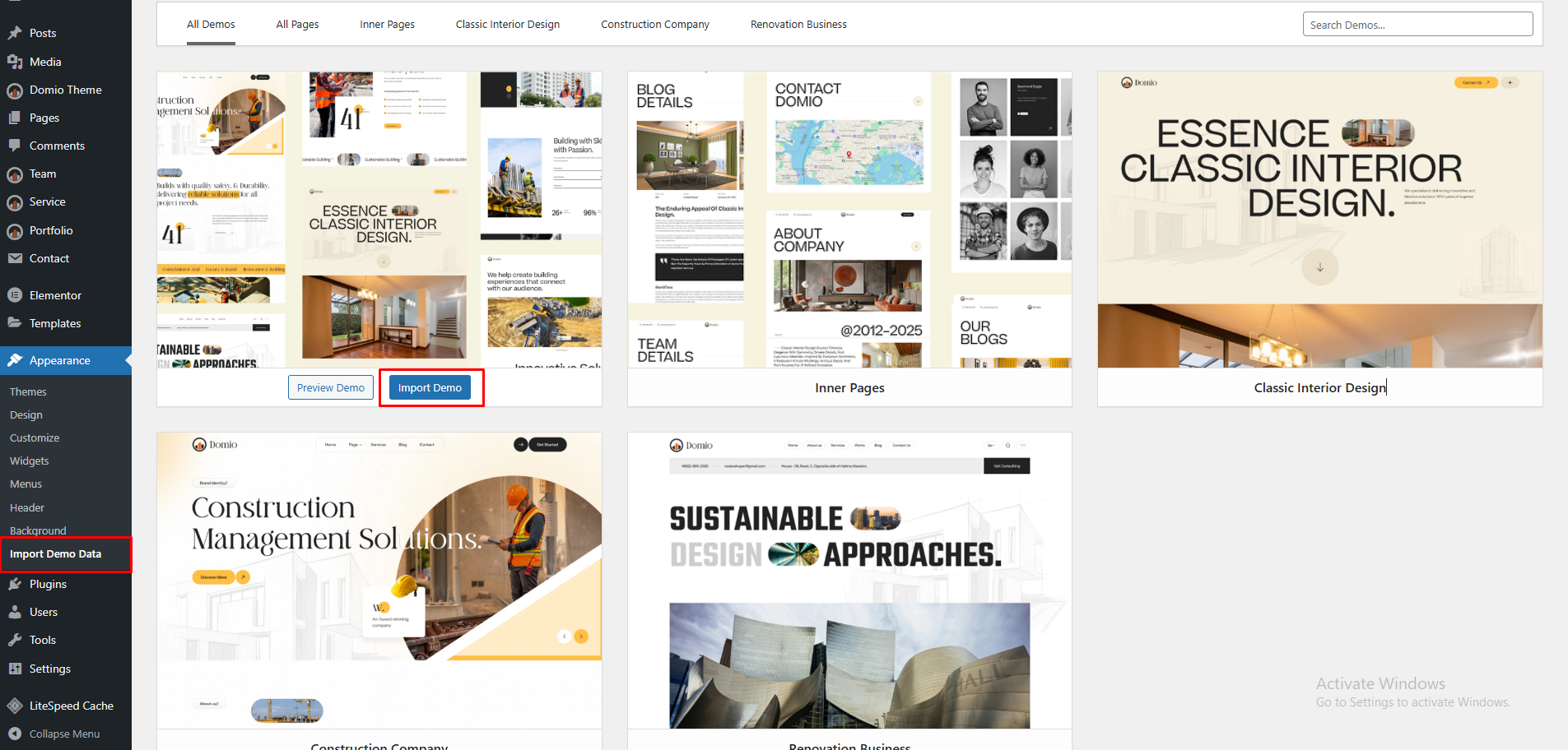 One Click Demo Import Screen