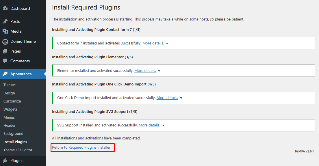 Return to Required Plugins Installer