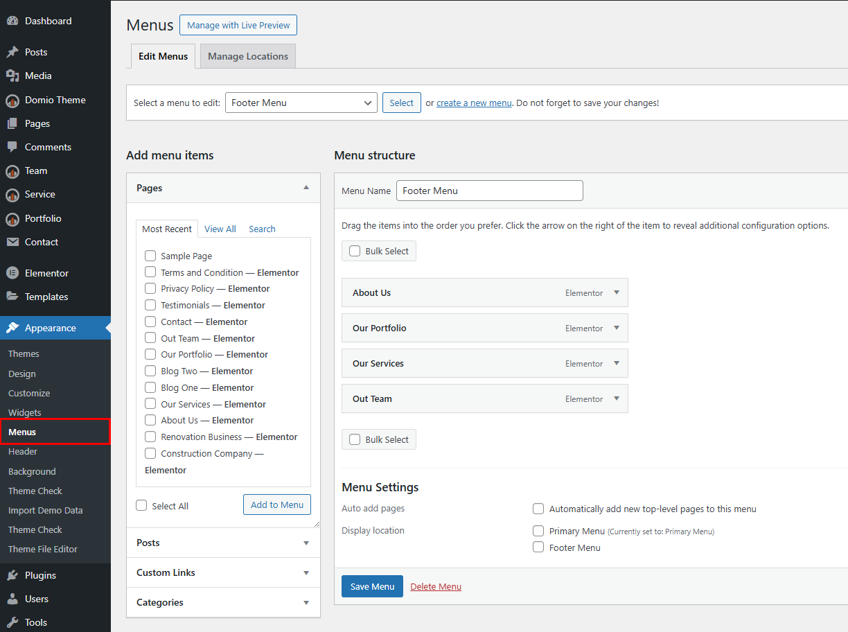 WordPress Menu Settings