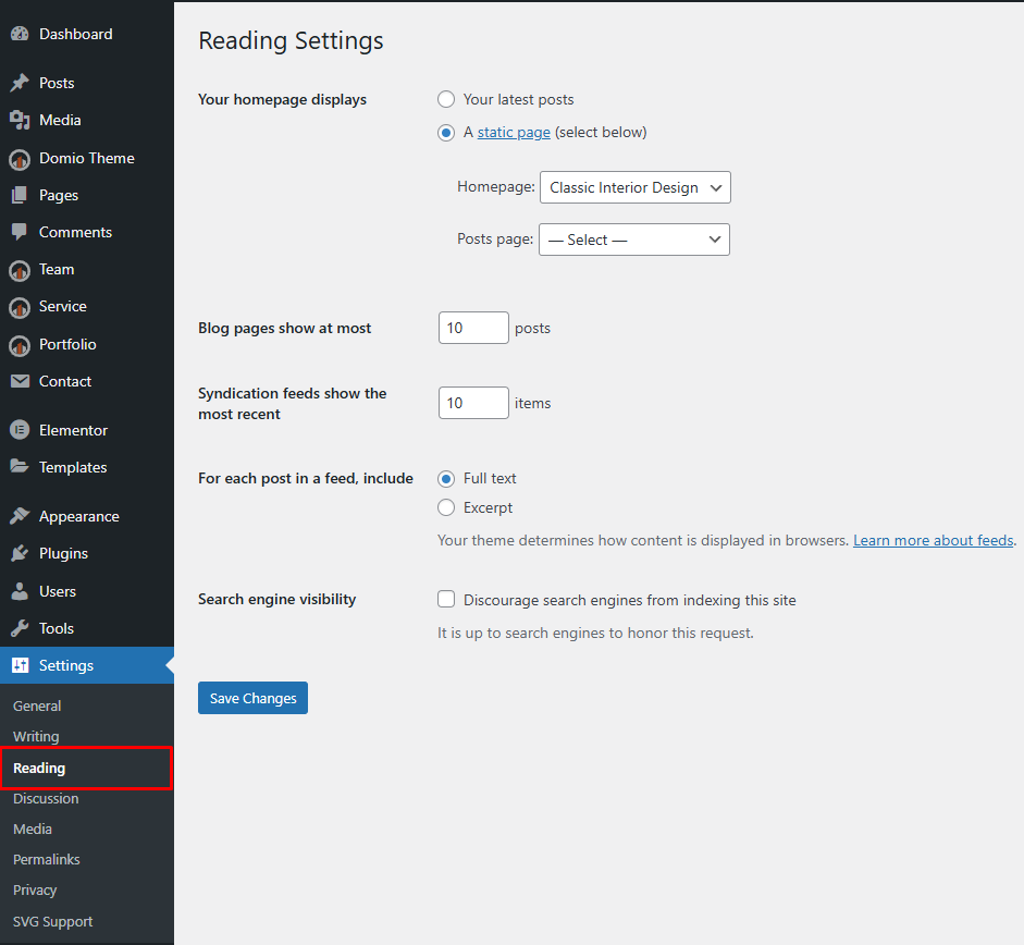 WordPress Reading Settings
